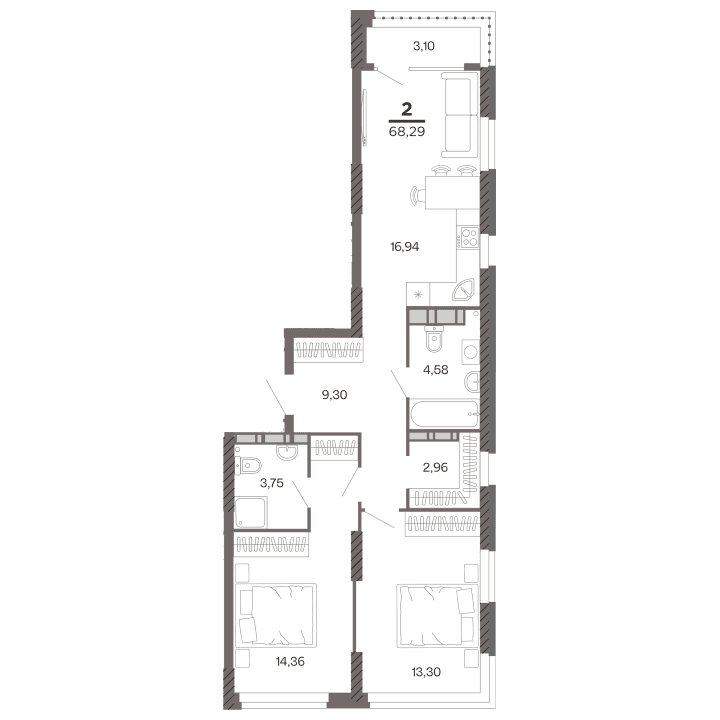2-комнатная, 68.29 м² — изображение 1