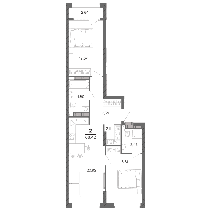 2-комнатная, 68.42 м² — изображение 1