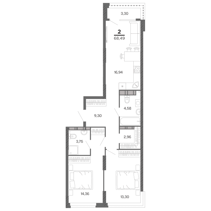2-комнатная, 68.49 м² — изображение 1