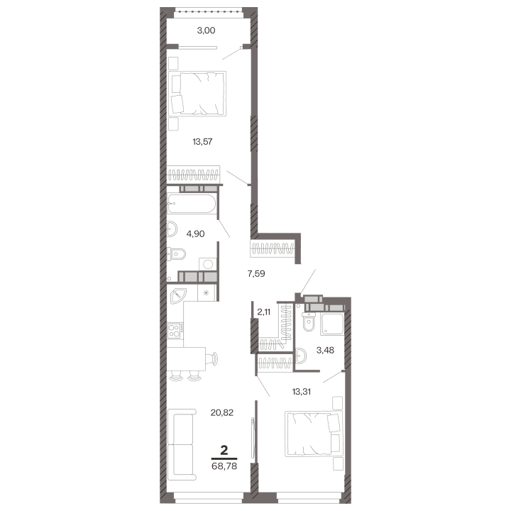 2-комнатная, 68.78 м² — изображение 1