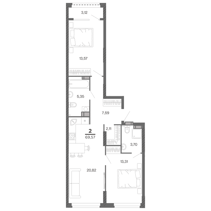 2-комнатная, 69.57 м² — изображение 1
