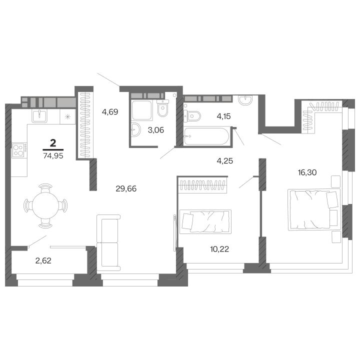 2-комнатная, 74.95 м² — изображение 1