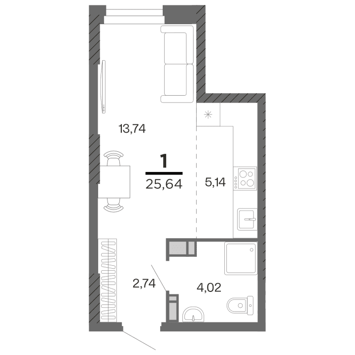1-комнатная, 25.64 м² — изображение 1