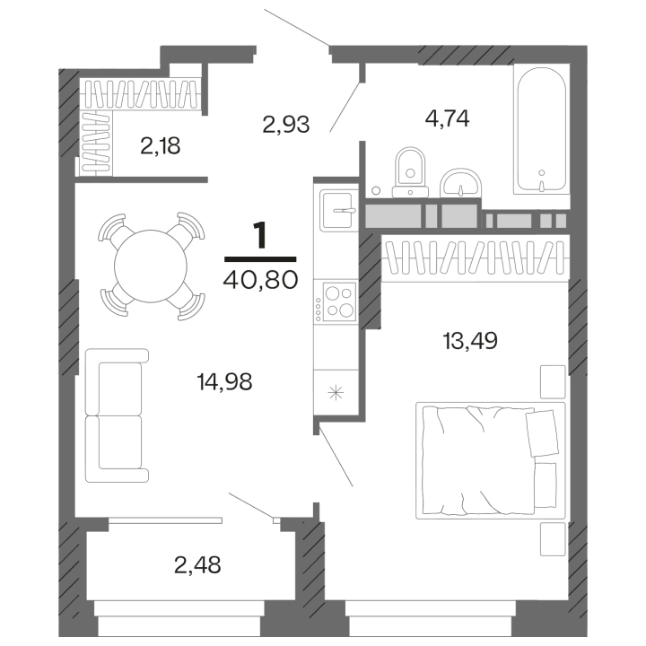 1-комнатная, 40.8 м² — изображение 1