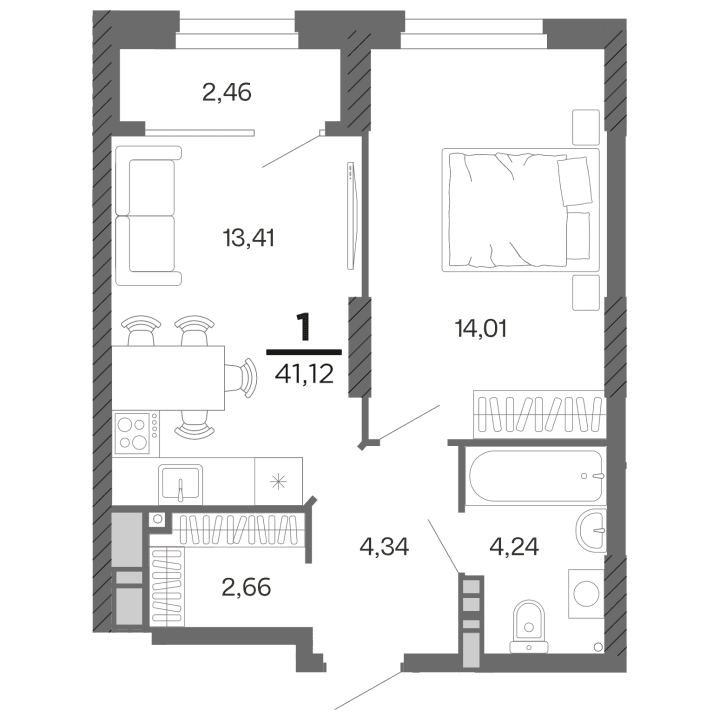 1-комнатная, 41.12 м² — изображение 1