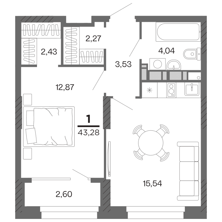 1-комнатная, 43.28 м² — изображение 1