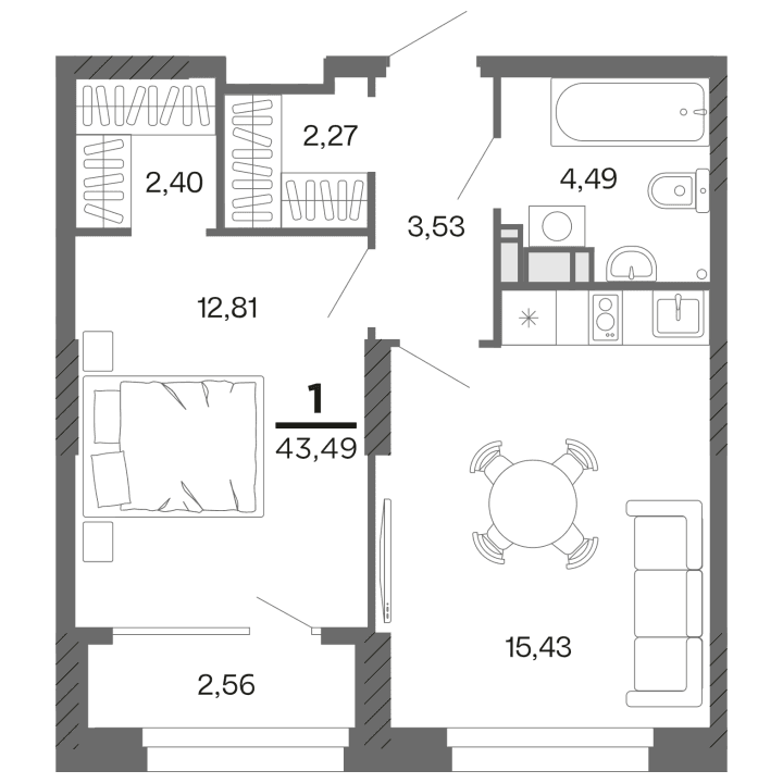 1-комнатная, 43.49 м² — изображение 1