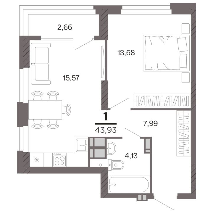1-комнатная, 43.93 м² — изображение 1