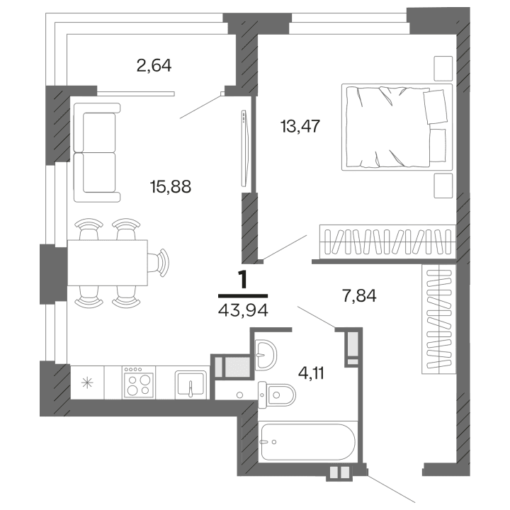 1-комнатная, 43.94 м² — изображение 1