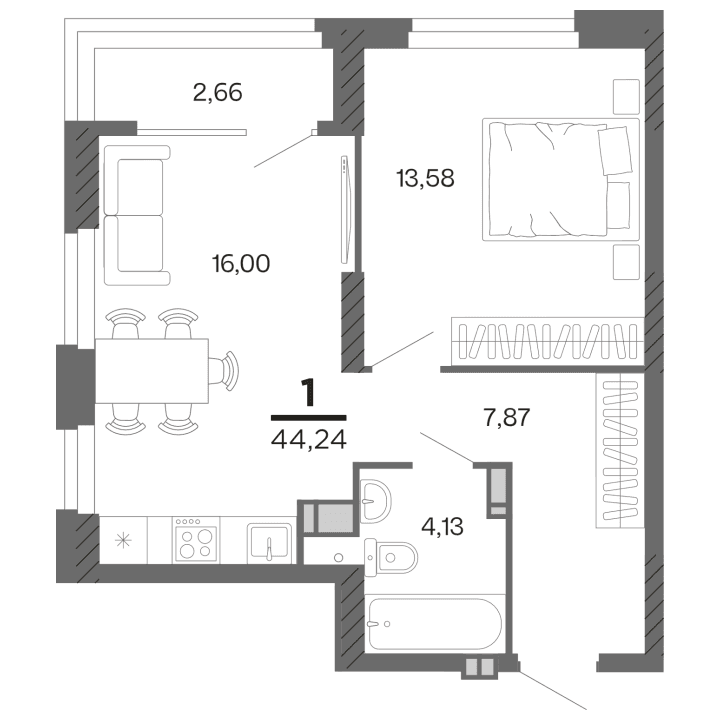 1-комнатная, 44.24 м² — изображение 1