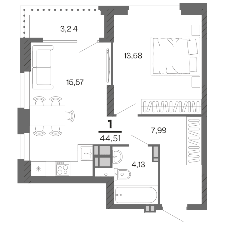 1-комнатная, 44.51 м² — изображение 1