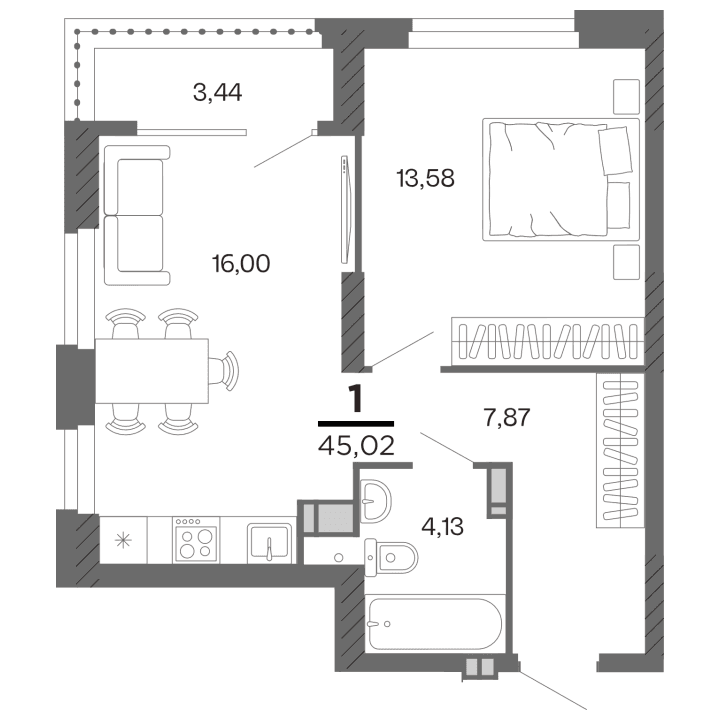 1-комнатная, 45.02 м² — изображение 1