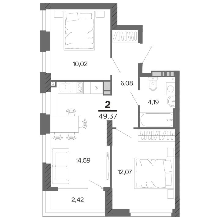 2-комнатная, 49.37 м² — изображение 1