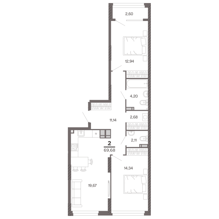 2-комнатная, 69.68 м² — изображение 1