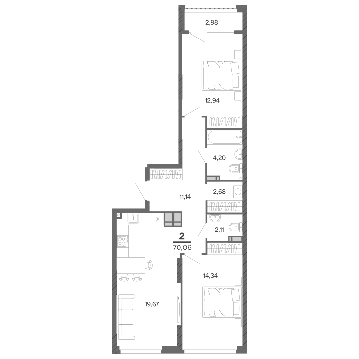 2-комнатная, 70.06 м² — изображение 1
