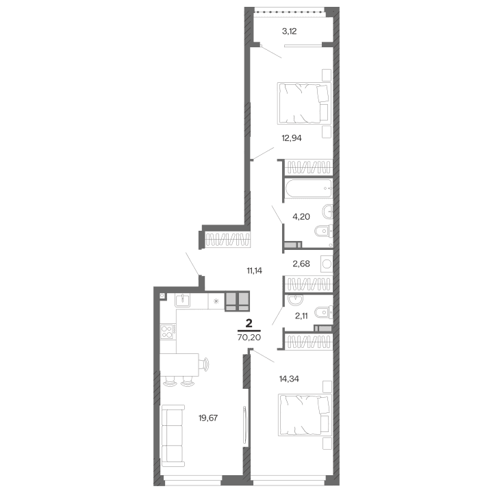 2-комнатная, 70.2 м² — изображение 1