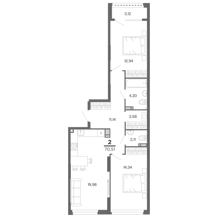 2-комнатная, 70.51 м² — изображение 1