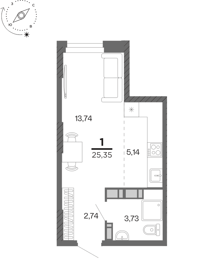 1-комнатная, 25.35 м² — изображение 1