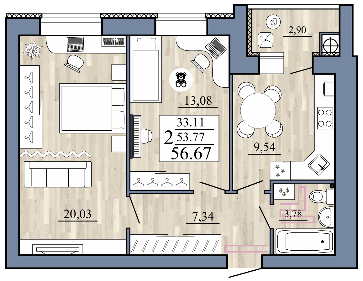 2-комнатная, 56.67 м² — изображение 1