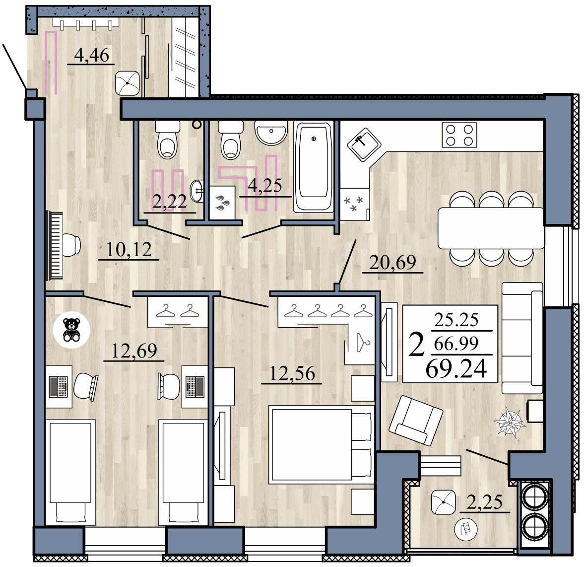 2-комнатная, 69.24 м² — изображение 1