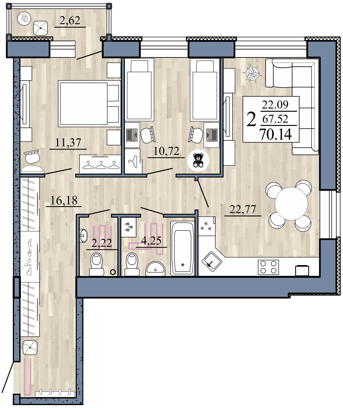 2-комнатная, 70.14 м² — изображение 1