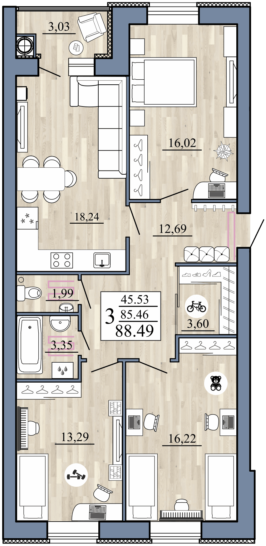 3-комнатная, 88.49 м² — изображение 1