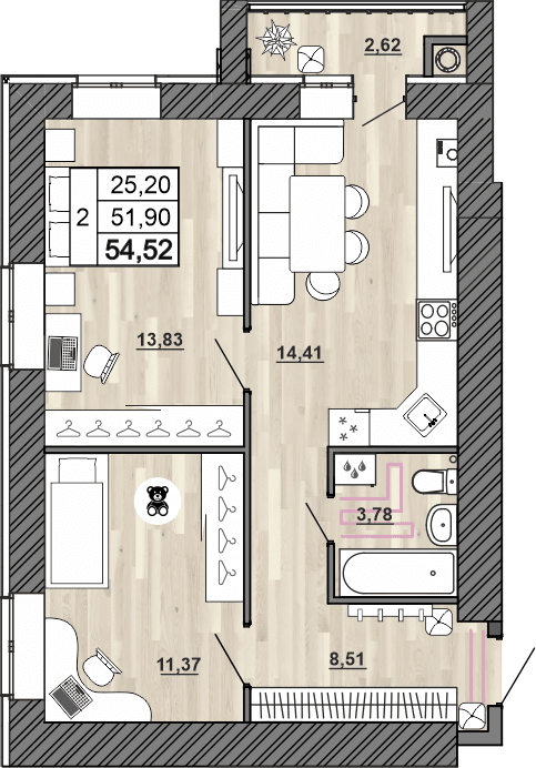 2-комнатная, 54.52 м² — изображение 1