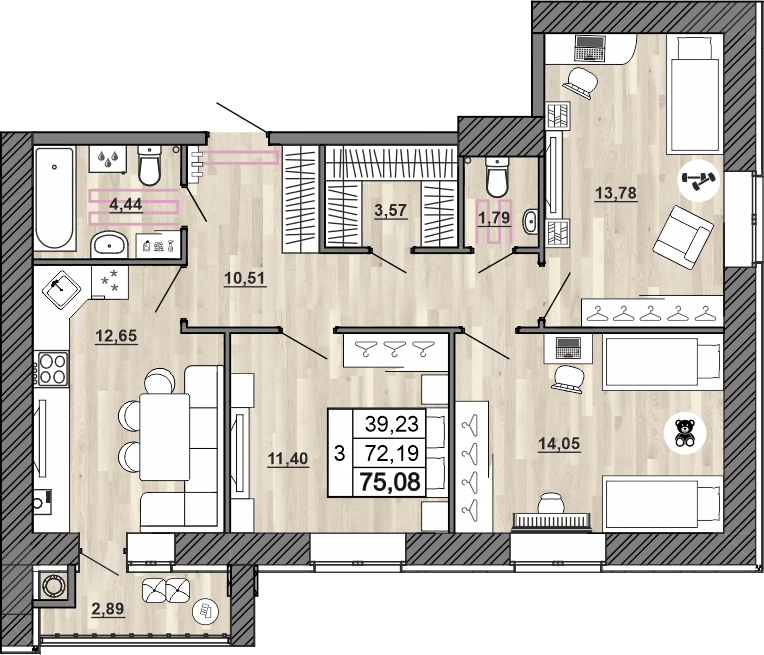 3-комнатная, 75.08 м² — изображение 1