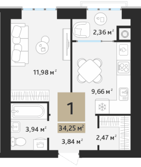 1-комнатная, 34.47 м² — изображение 1