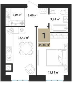 1-комнатная, 35.46 м² — изображение 1