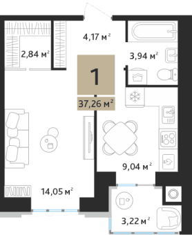 1-комнатная, 37.26 м² — изображение 1