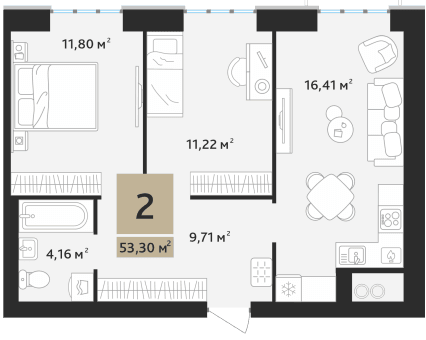 2-комнатная, 53.3 м² — изображение 1