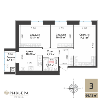 3-комнатная, 66.12 м² — изображение 1