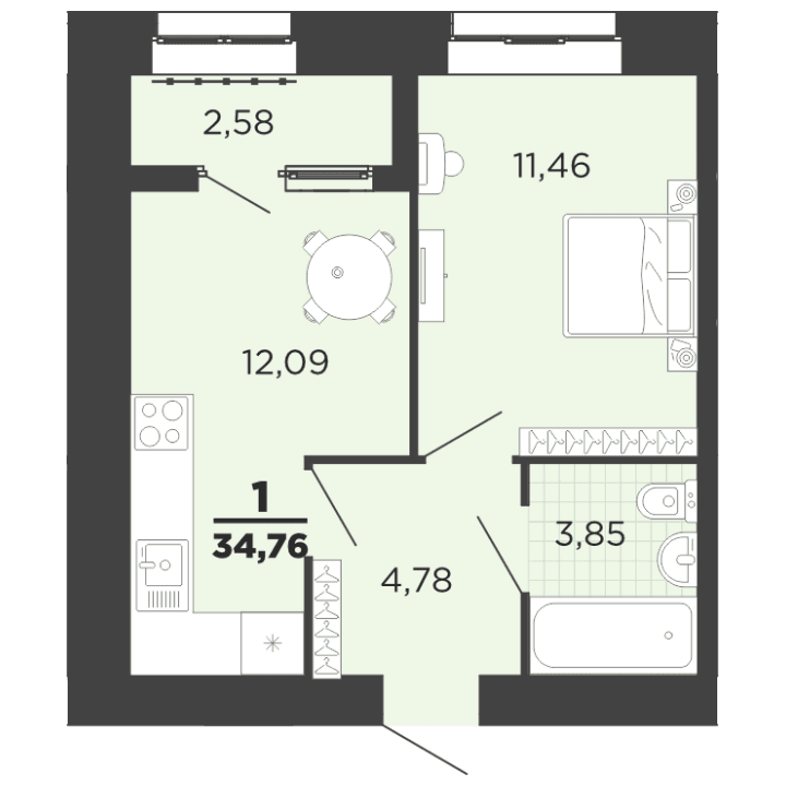 1-комнатная, 34.76 м² — изображение 1