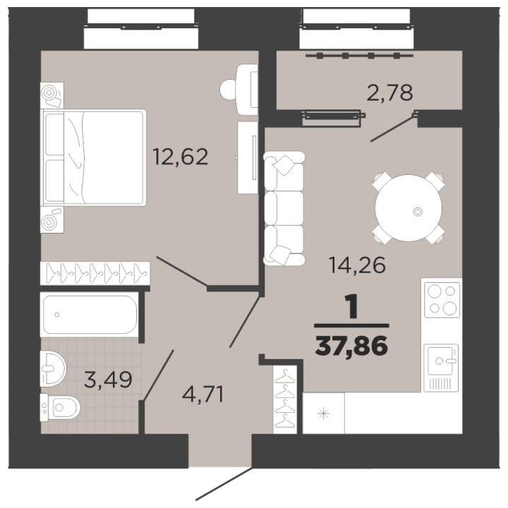 1-комнатная, 37.86 м² — изображение 1