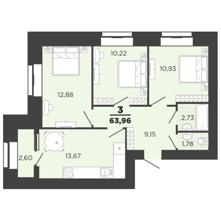 3-комнатная, 63.96 м² — изображение 1