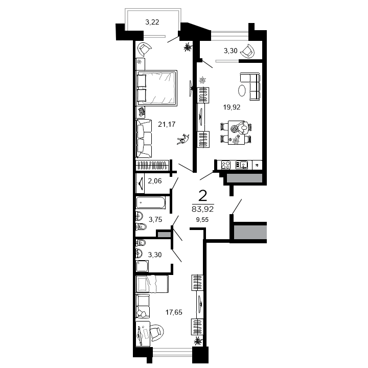 2-комнатная, 83.92 м² — изображение 1