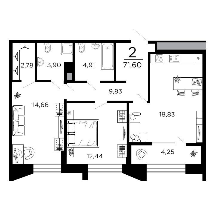 2-комнатная, 71.6 м² — изображение 1