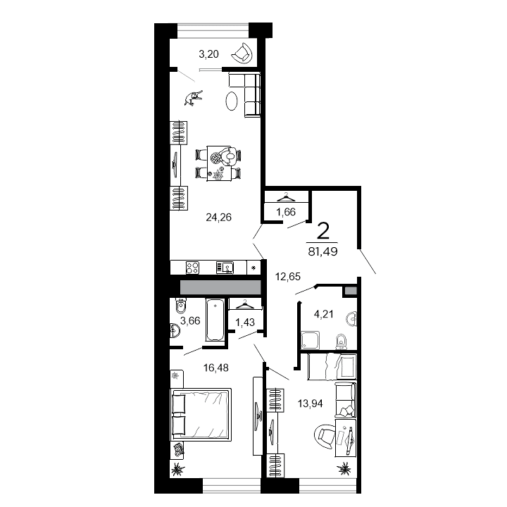 2-комнатная, 81.49 м² — изображение 1