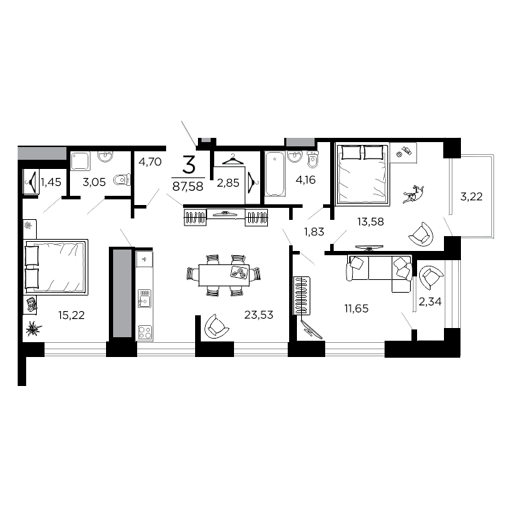 3-комнатная, 87.58 м² — изображение 1