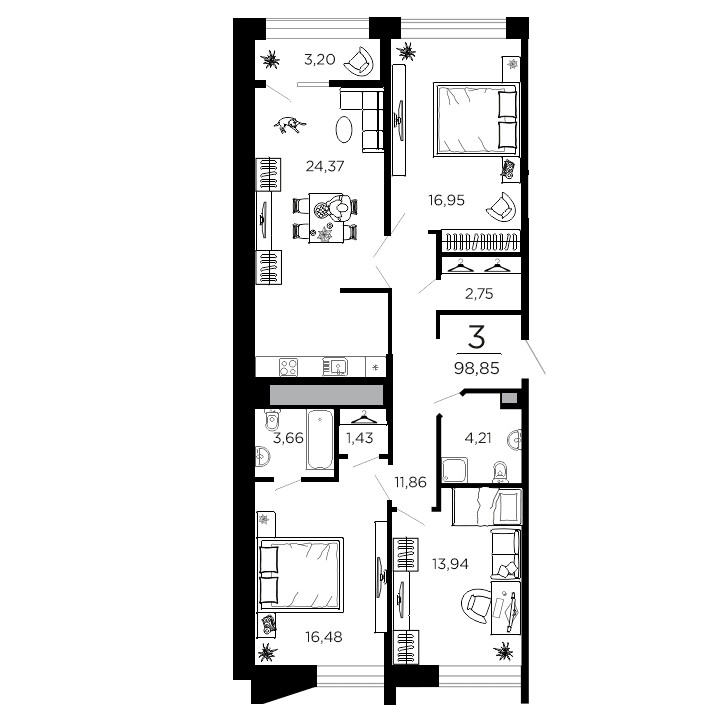 3-комнатная, 98.85 м² — изображение 1