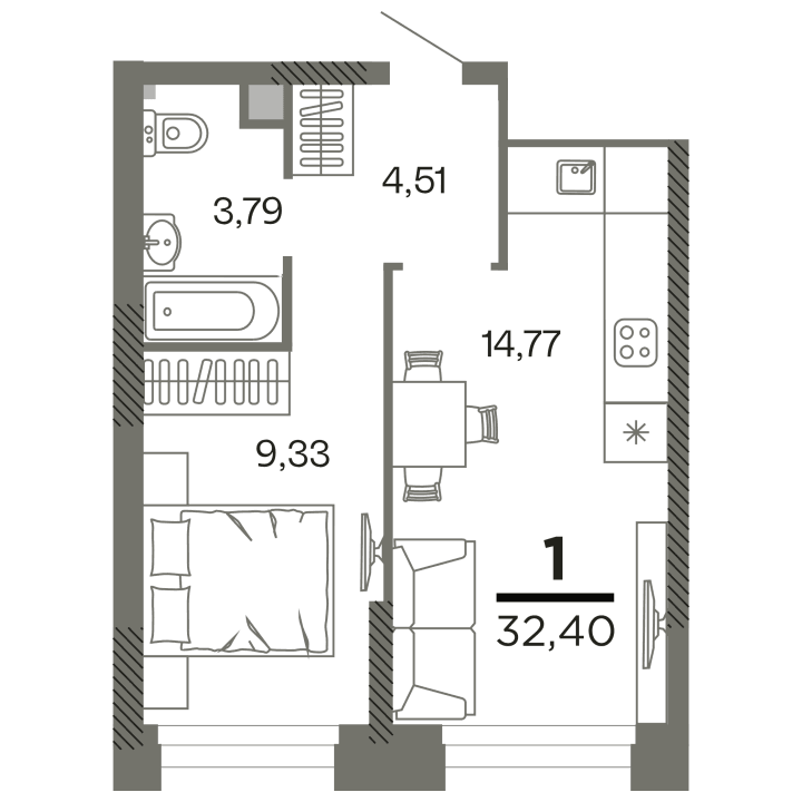 1-комнатная, 32.4 м² — изображение 1