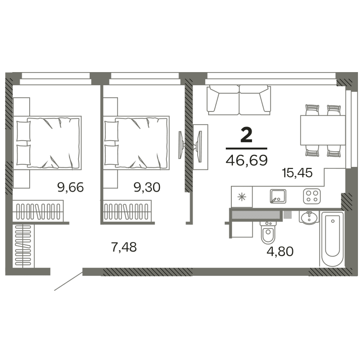 2-комнатная, 46.69 м² — изображение 1