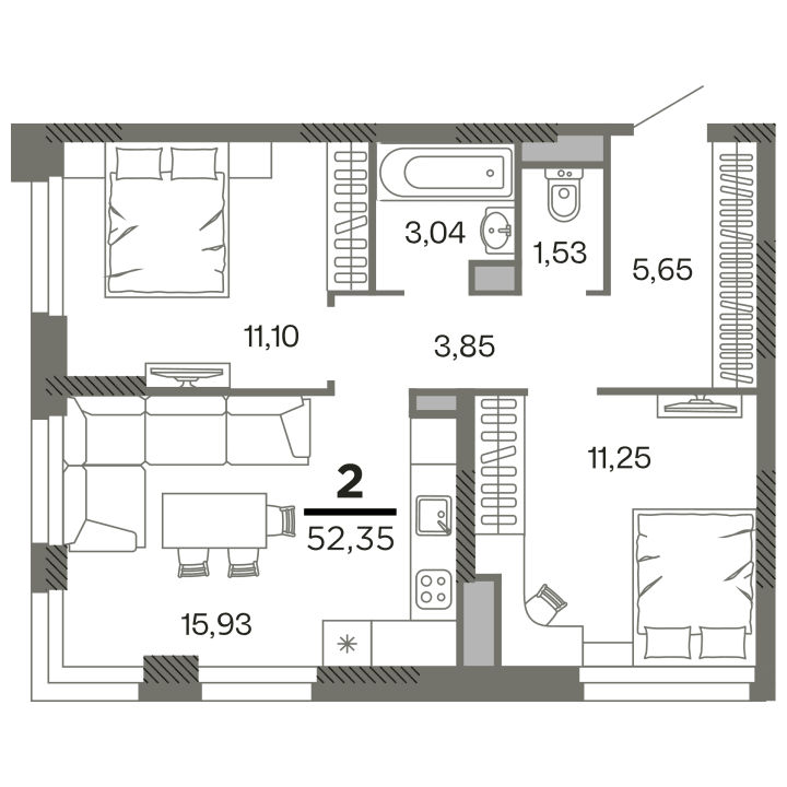 2-комнатная, 52.35 м² — изображение 1