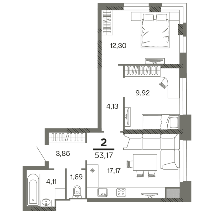 2-комнатная, 53.17 м² — изображение 1