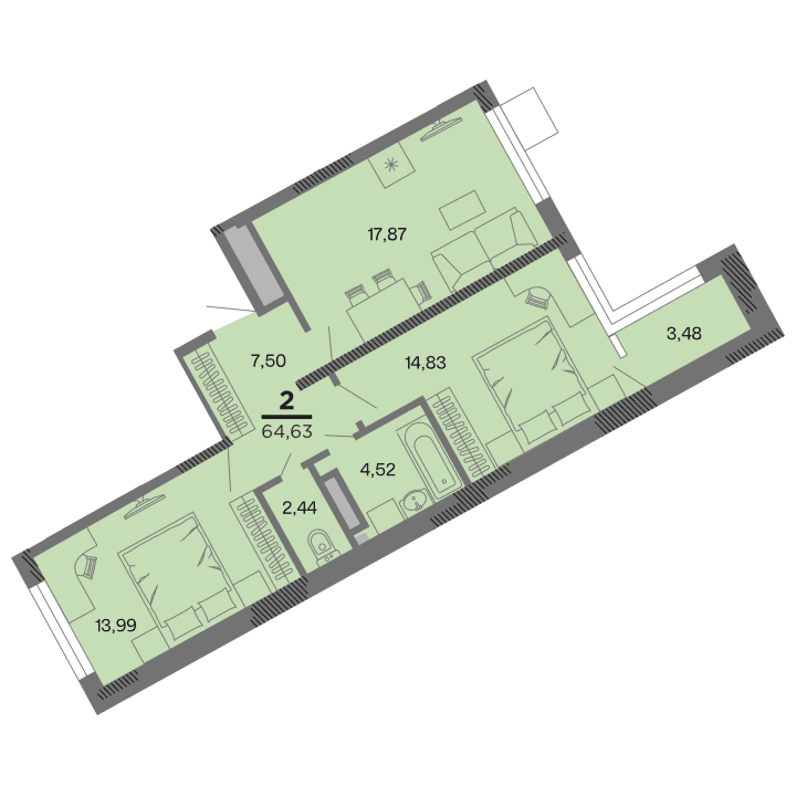 2-комнатная, 64.63 м² — изображение 1