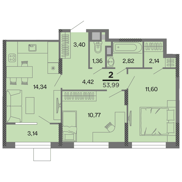 2-комнатная, 53.99 м² — изображение 1