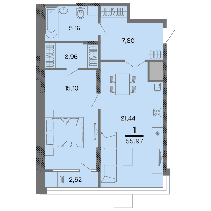 1-комнатная, 55.97 м² — изображение 1