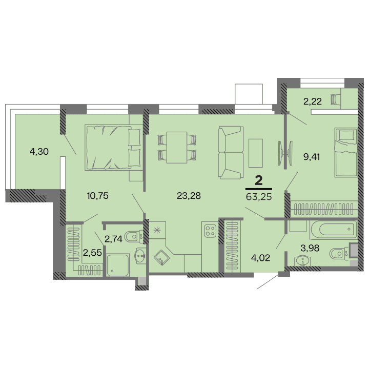 2-комнатная, 63.25 м² — изображение 1