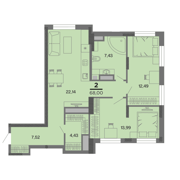 2-комнатная, 68 м² — изображение 1